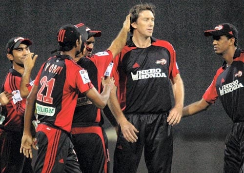 Glenn McGrath was miserly again, picking up a quick wicket against Bangalore Royal Challengers. — <i>PTI Photo</i> 43rd Match: Bangalore Royal Challengers vs Delhi Daredevils
