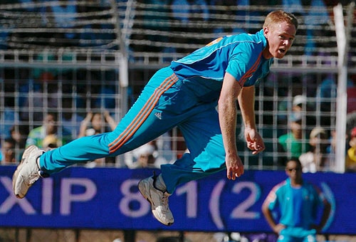 Mumbai Indians' Shaun Pollock gave the frist breakthrough and picked the wicket of James Hopes. (PTI Photo) 45th Match: Kings XI Punjab vs Mumbai Indians