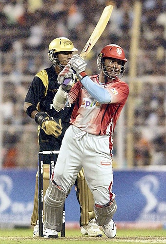 Kumar Sangakara of the Kings XI Punjab team plays a shot during the IPL match against Kolkata Knight Riders at Eden Gardens in Kolkata. (PTI Photo) 52nd Match: Kolkata Knight Riders vs Kings XI Punjab