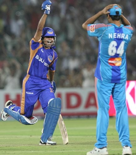 Neeraj Patel hit the winning runs for Rajasthan when two runs were needed off the last ball. —<i>PTI Photo</i> 53rd Match: Rajasthan Royals vs Mumbai Indians