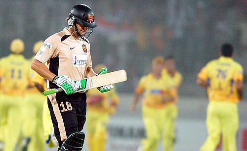 Deccan Chargers' skipper Adam Gilchrist also failed to score big. — <i>PTI Photo</i> 54th Match: Chennai Super Kings vs Deccan Chargers