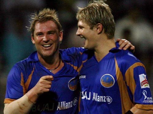 Rajasthan captain Shane Warne took a couple of wickets as they beat Delhi by 105 runs to enter the final. —<i>PTI Photo</i> 1st Semifinal: Delhi Daredevils vs Rajasthan Royals