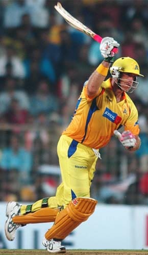 Matthew Hayden was in prime form. His 81 set the base for Chennai's huge score of 208. (PTI Photo) 8th Match - Super Kings vs Mumbai Indians