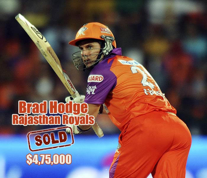 Useful all-rounder Brad Hodge was sold to Rajasthan Royals for $475,000. IPL Auction 2012: Millions for Jadeja, Vinay, Jayawardena