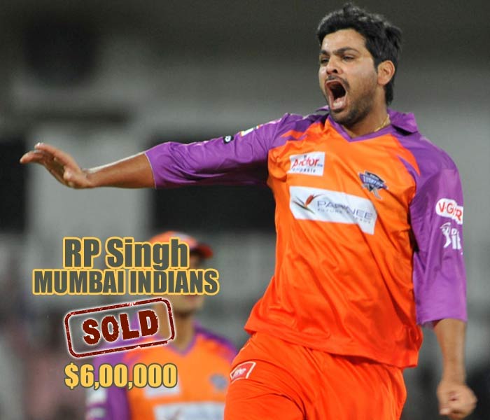 RP Singh went to Mumbai Indians for $600,000 after extensive bidding. IPL Auction 2012: Millions for Jadeja, Vinay, Jayawardena