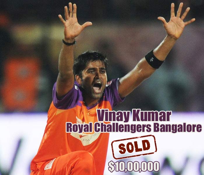 After Jayawardena, another ex-Kochi player hit the million mark. Vinay Kumar was bought by the Royal Challengers Bangalore for exactly $1 million. IPL Auction 2012: Millions for Jadeja, Vinay, Jayawardena