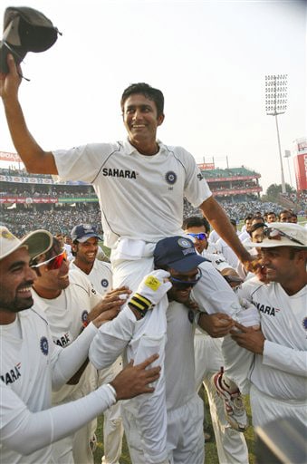 Anil Kumble is lifted up by Indian players on the final day of the third Test between India and Australia in New Delhi. Anil Kumble: The final ovation