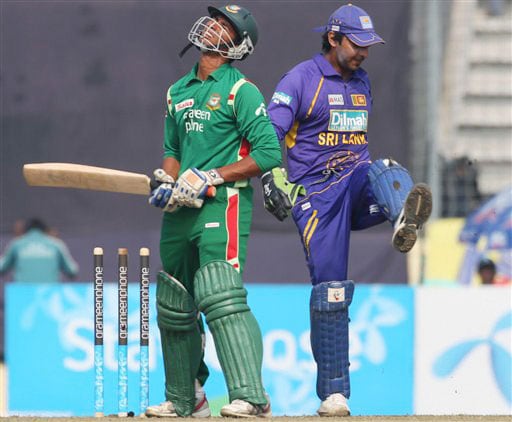 Kumar Sangakkara reacts at the dismissal of Mahmudullah Riyad on the final match of a triangular limited-overs international series between Bangladesh and Sri Lanka in Dhaka. Sri Lanka win tri-series final