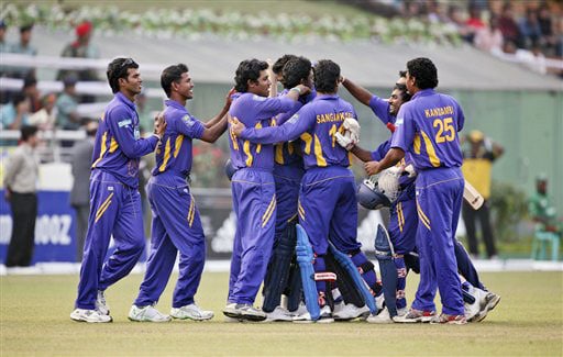 Sri Lankan team members celebrate their victory over Bangladesh at the end of the final match of the triangular one-day series that also featured Zimbabwe in Dhaka Sri Lanka win tri-series final