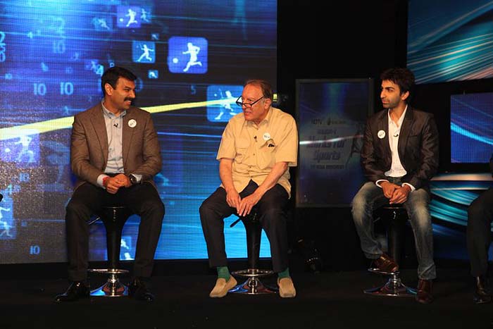 Former cricketer Mansoor Ali Khan Pataudi along with snooker World Champion Pankaj Advani and Nirmal Lifestyle M.D. Dharmesh S. Jain at the NDTV Marks for Sports Campaign launch.