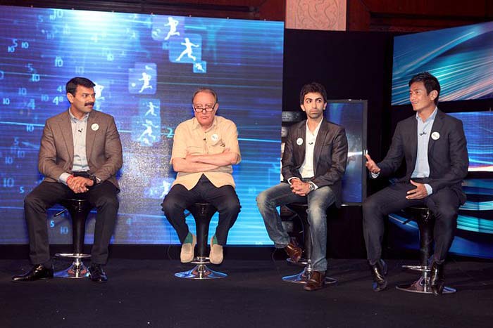 Indian football captain Baichung Bhutia speaks at the Marks for Sports Campaign launch.