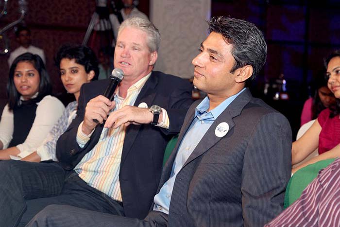 Former Australia cricketer Dean Jones speaks alongside Ajay Jadeja at the Campaign launch.