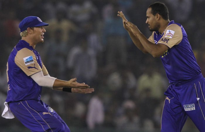 Rajasthan Royals' Shane Warne and Yusuf Pathan celebrates the wicket of Kings XI Punjab's M Kaif during their Indian Premier League 3 match in Mohali. (PTI Photo) IPL 3: Mohali vs Rajasthan