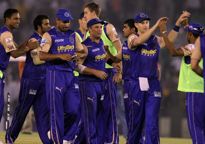 Rajasthan Royals celebrate their victory over Kings XI Punjab during their Indian Premier League 3 match in Mohali. (PTI Photo) IPL 3: Mohali vs Rajasthan