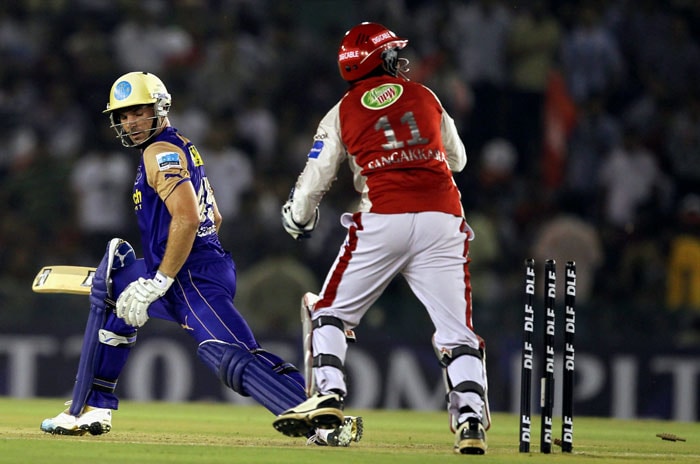 Kings XI Punjab's captain Kumar Sangakkara celebrates the wicket of Michael Lumb of Rajasthan Royals during their Indian Premier League 3 match in Mohali. (PTI Photo) IPL 3: Mohali vs Rajasthan