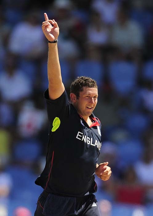 Bowler Tim Bresnan celebrates after taking the wicket of Batsman Jesse Ryder.(AFP PHOTO) WT20: NZ vs Eng