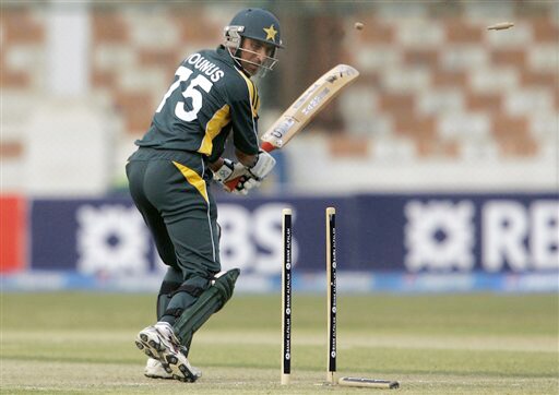 Younis Khan looks at bails shattered by Nuwan Kulasekera during their second ODI match at National Stadium in Karachi on Wednesday. (AP Photo) 2nd ODI: Pakistan vs Sri Lanka