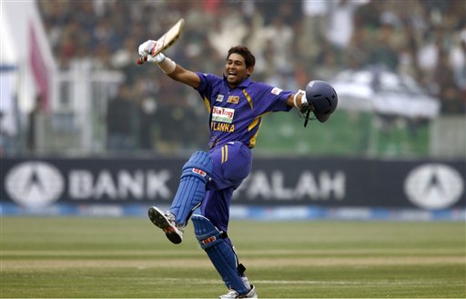Sri Lankan batsman Tillakaratne Dilshan jubilates after complete his century against Pakistan during the third one-day international cricket match at Gaddafi Stadium in Lahore on Saturday, January 24, 2009. (AP Photo) 3rd ODI: Pakistan vs Sri Lanka