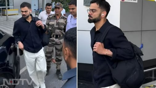 एयरपोर्ट से बाहर आते समय कोहली काले रंग का शर्ट पहने हुए नजर आए हैं.