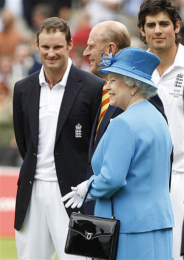 Britain's Queen Elizabeth II and Prince Philip meet England's Andrew Strauss and Alastair Cook on the second day of the second Test match between England and Australia at Lord's in London. (AP Photo) Queen's date with cricket