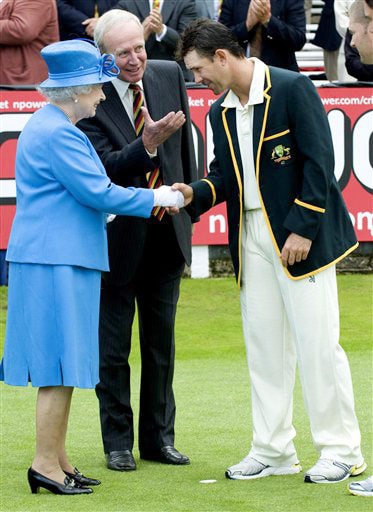 Britain's Queen Elizabeth II is introduced to Australian team captain Ricky Ponting by MCC President Derek Underwood as she meets the Australian and England teams on the second day of the second Test match at Lord's in London. (AP Photo) Queen's date with cricket
