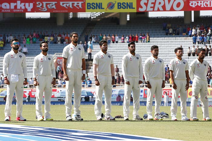The Indian cricket team lined up for the national anthem ahead of the third Test match at Ranchi. Ranchi Test, Day 1: Ton-Up Steve Smith Puts Australia In Command