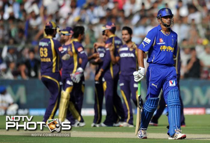 Dravid scored 26 off 24 and set the base but was run-out himself just when things looked like exploding. (AFP PHOTO/SAJJAD HUSSAIN) IPL 5: Rajasthan Royals crush Kolkata Knight Riders