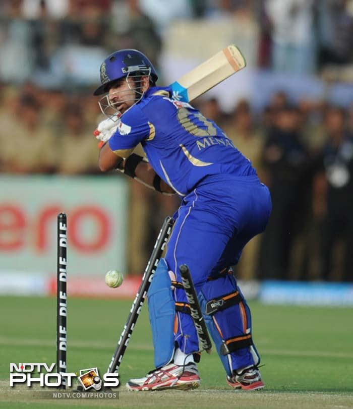 Ashok Maneria too had a decent knock worth 40 runs before being bowled by Lee. (AFP PHOTO/SAJJAD HUSSAIN) IPL 5: Rajasthan Royals crush Kolkata Knight Riders