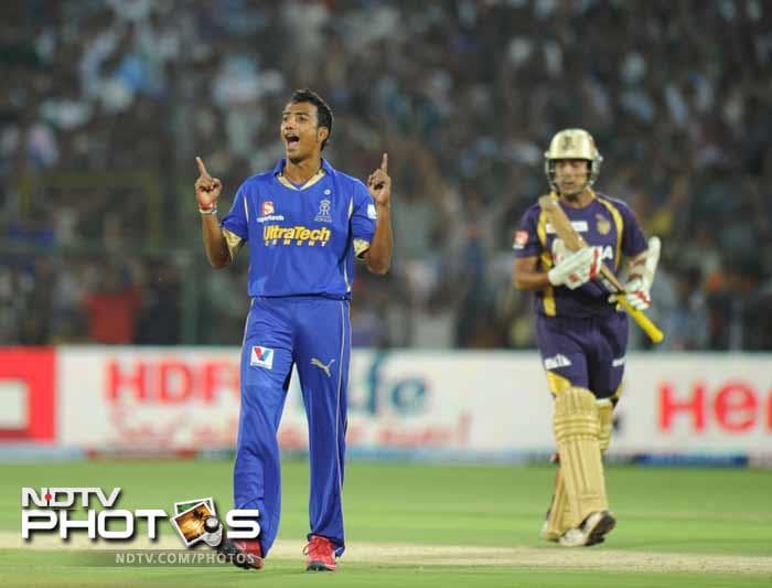 Ankeet Chavan (right) is seen here celebrating the wicket of Laxmi Ratan Shukla. He claimed two wickets from the match, as did Siddharth Trivedi and Amit Singh. (AFP PHOTO/SAJJAD HUSSAIN) IPL 5: Rajasthan Royals crush Kolkata Knight Riders