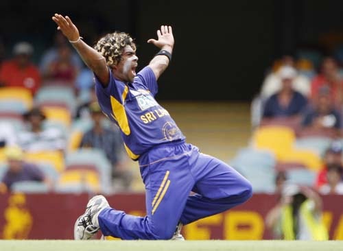 Sri Lankan bowler Lasith Malinga celebrates after dismissing Sachin Tendulkar during their One-Day cricket international in Brisbane on Tuesday, February 5, 2008. 2nd Match: India-Lanka