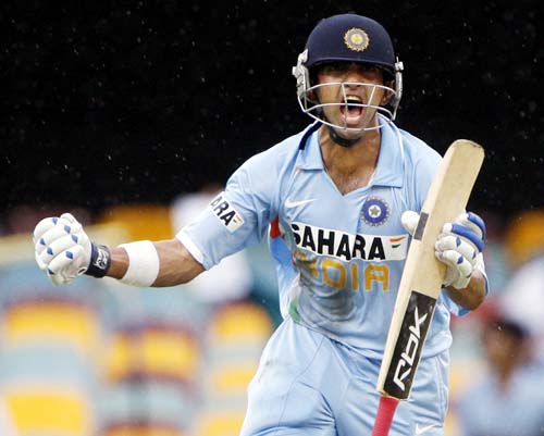 Gautam Gambhir celebrates after scoring a century against Sri Lanka in a One-Day cricket international in Brisbane on Tuesday, February 5, 2008. 2nd Match: Ind vs SL