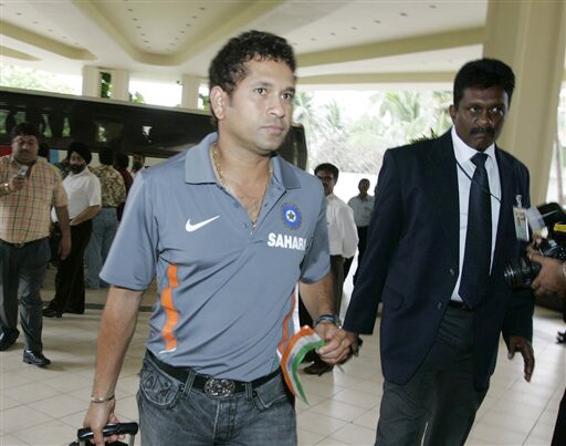 Sachin Tendulkar arrives at a hotel in Colombo on Monday. (AP Photo) India arrive in Colombo