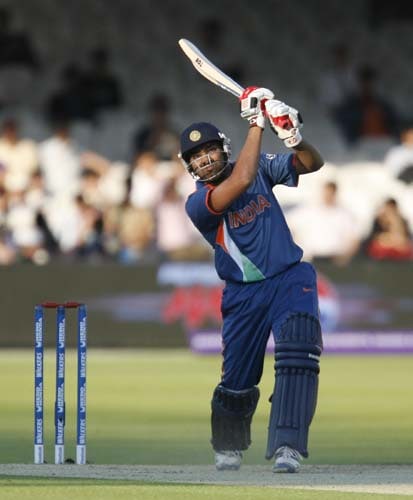 India's Rohit Sharma plays this shot for 6 runs against New Zealand during their Twenty20 match prior to the start of the ICC World Twenty20 at Lord's cricket ground in London on Monday. (AFP Photo) India vs NZ warm-up match