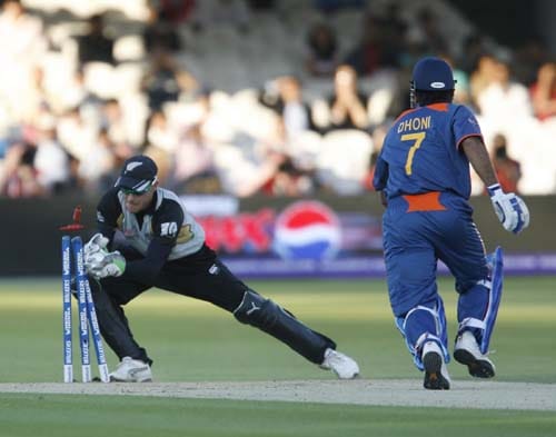 India's MS Dhoni is stumped by New Zealand's Brendon McCullum during their Twenty20 match prior to the start of the ICC World Twenty20 at Lord's cricket ground in London on Monday. (AFP Photo) India vs NZ warm-up match