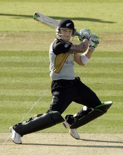 New Zealand's Brendon McCullum hits a shot during the Twenty20 World Cup cricket warm-up match between India and New Zealand at Lord's cricket ground in London on Monday. (AP Photo) India vs NZ warm-up match