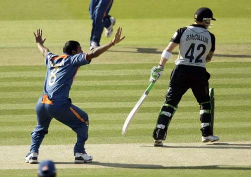 India's Praveen Kumar makes an unsuccessful appeal against New Zealand's Brendon McCullum during the Twenty20 World Cup warm-up match between India and New Zealand at Lord's cricket ground in London on Monday. (AP Photo) India vs NZ warm-up match