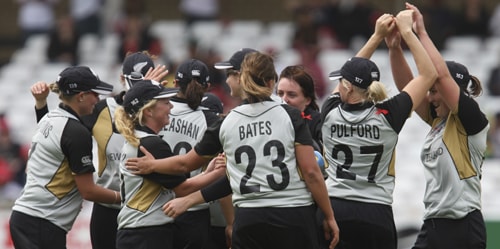 New Zealand's women celebrate their victory after defeating Indiain during their ICC World Twenty20 Women's semi-final match at Trent Bridge, Nottingham in England on Thursday. (AP Photo) WT20: NZ vs IND