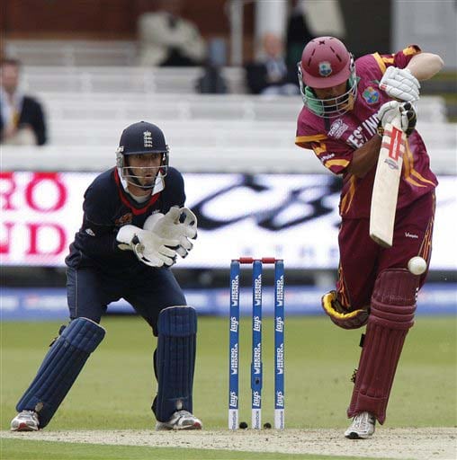 West Indies' Ramnaresh Sarwan plays a shot off the bowling of England's Graeme Swann during their warm-up Twenty20 World Cup match at Lord's cricket ground in London, on Wednesday. (AP Photo) Eng vs WI warm-up match