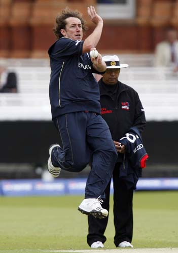 England's Ryan Sidebottom bowls against the West Indies during their warm-up Twenty20 World Cup match at Lord's cricket ground in London, on Wednesday. (AP Photo) Eng vs WI warm-up match