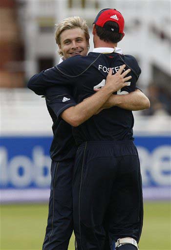England's bowler Luke Wright hugs James Foster after he caught out West Indies' Xavier Marshall during their warm-up Twenty20 World Cup match at Lord's cricket ground in London, on Wednesday. (AP Photo) Eng vs WI warm-up match