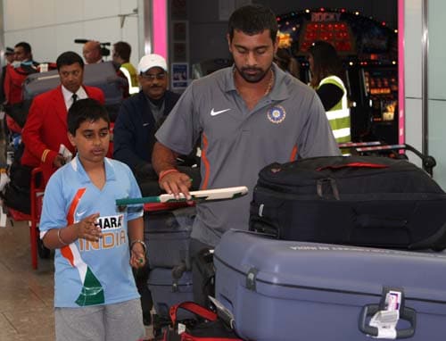 Praveen Kumar arrives at Heathrow airport, London. India arrived in England ahead of Twenty20 World Cup. (AP Photo) India arrival in England for T20
