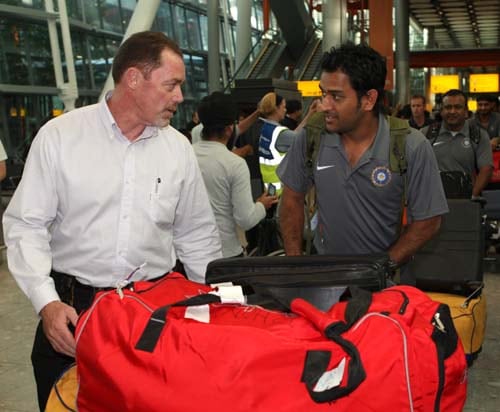 MS Dhoni arrives at Heathrow airport, London. India arrived in England ahead of Twenty20 World Cup. (AP Photo) India arrival in England for T20