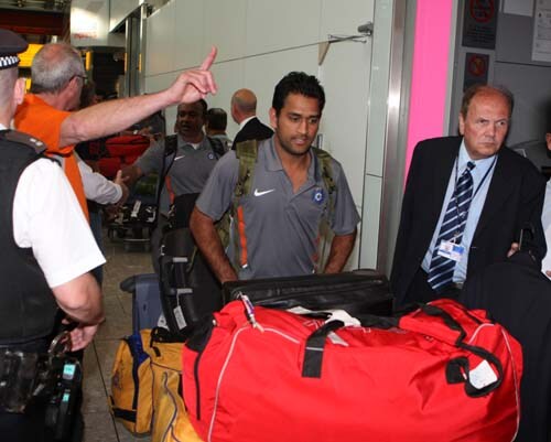 MS Dhoni arrives at Heathrow airport, London. India arrived in England ahead of Twenty20 World Cup. (AP Photo) India arrival in England for T20