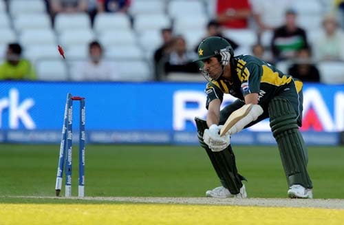 Pakistan's Umar Gul is bowled out during a warm-up match against South Africa at Trent Bridge in Nottingham England on Monday. (AFP Photo) Pak vs SA warm-up match