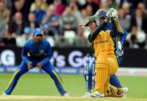 Ricky Ponting is dismissed for 35 runs against Sri Lanka during the World Twenty20 match at Trent Bridge in Nottingham. (AFP Photo) WT20: AUS vs SL