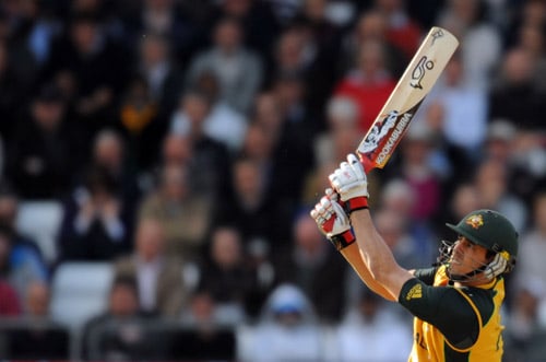 Mitchell Johsnon hits a six against Sri Lanka during the World Twenty20 match at Trent Bridge in Nottingham. (AFP Photo) WT20: AUS vs SL