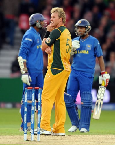 Brett Lee reacts after being hit for six by Kumar Sangakkara during the World Twenty20 match at Trent Bridge in Nottingham. (AFP Photo) WT20: AUS vs SL