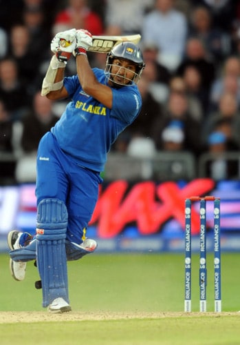 Kumar Sangakkara hits a ball from Australia during the World Twenty20 match at Trent Bridge in Nottingham. (AFP Photo) WT20: AUS vs SL
