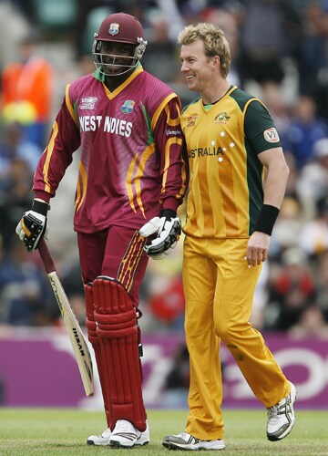 Chris Gayle congratulated by Brett Lee after his innings of 88 during their ICC World Twenty20 match against Australia at The Oval in London. (AFP Photo) WT20: AUS vs WI