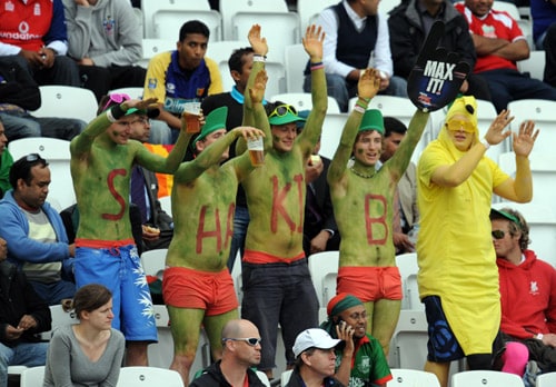 Fans of Shakibal Hasan dance in the crowd during the World Twenty20 cup match against Ireland at Trent Bridge in Nottingham. (AFP Photo) WT20: BAN vs IRE